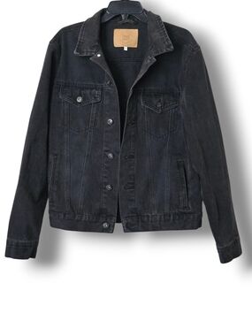 True Craft Mens Washed Black Denim Trucker Jacket - Size Medium